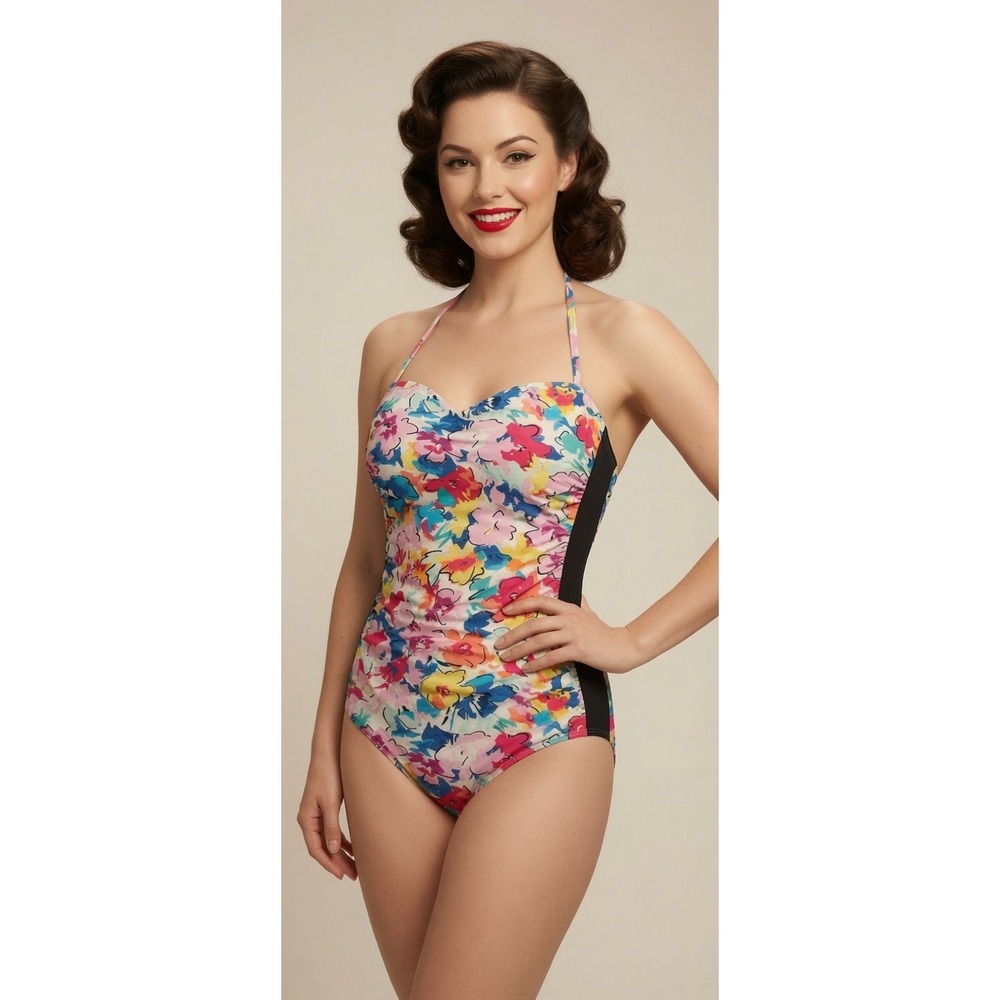 NWOTLiz Claiborne Halter One Piece Floral Swimsuit 12 Beach Vacation Retro Style